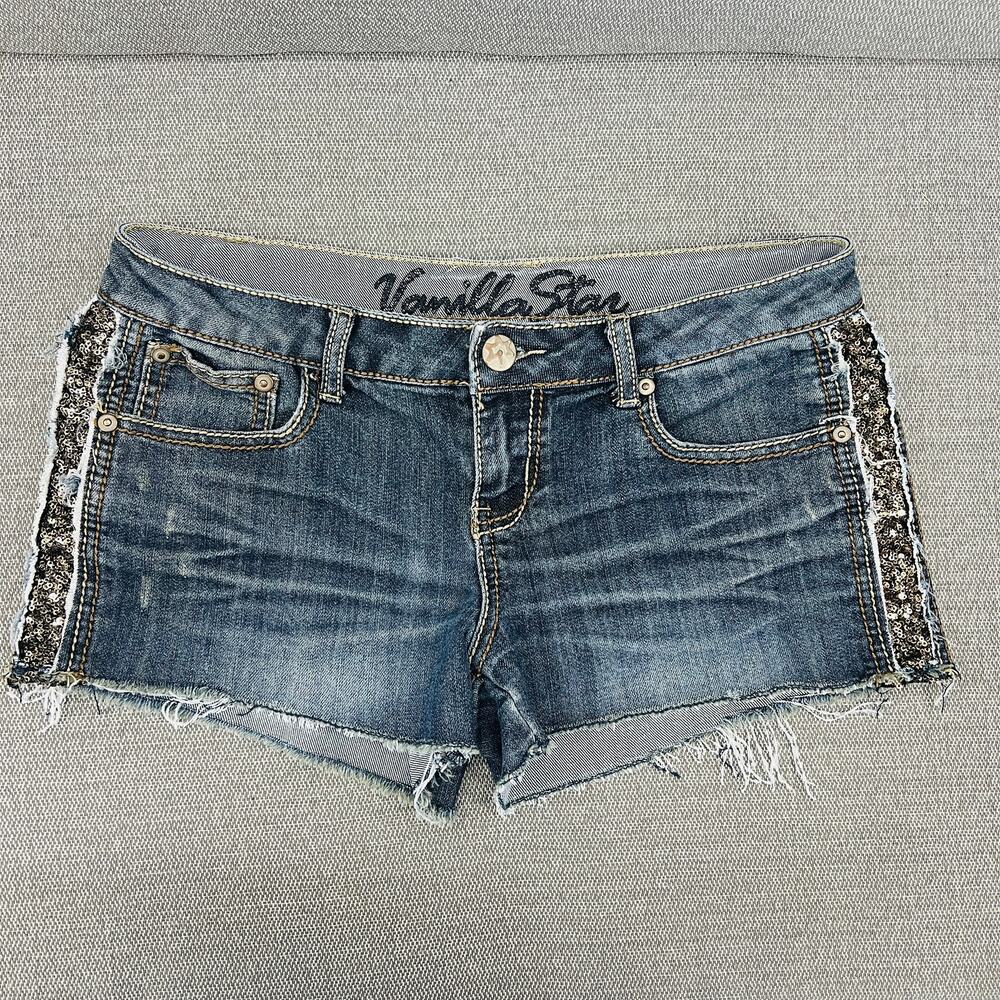 Vanilla Star Blue Distressed Low Rise Cut Off Sequined Patch Denim Shorts Size 9